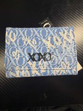 NWT XOXO Blue Monogram Graffiti Heart Trifold Wallet with Rhinestones